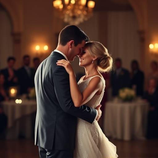 Scene from an emotional wedding video capturing the bride and groom's first dance
